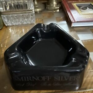 Vintage Cigarette Ashtray‎ Ceramic Black 3-well SMIRNOFF SILVER Martini Triangle